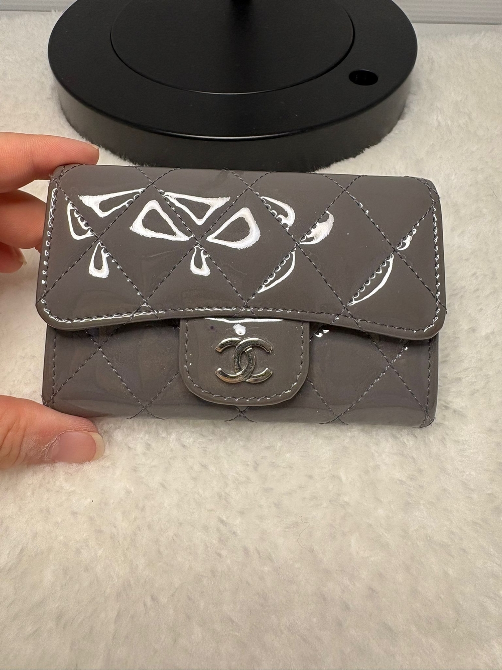 Chanel Gray Quilted Patent Leather Wallet with CC Logo